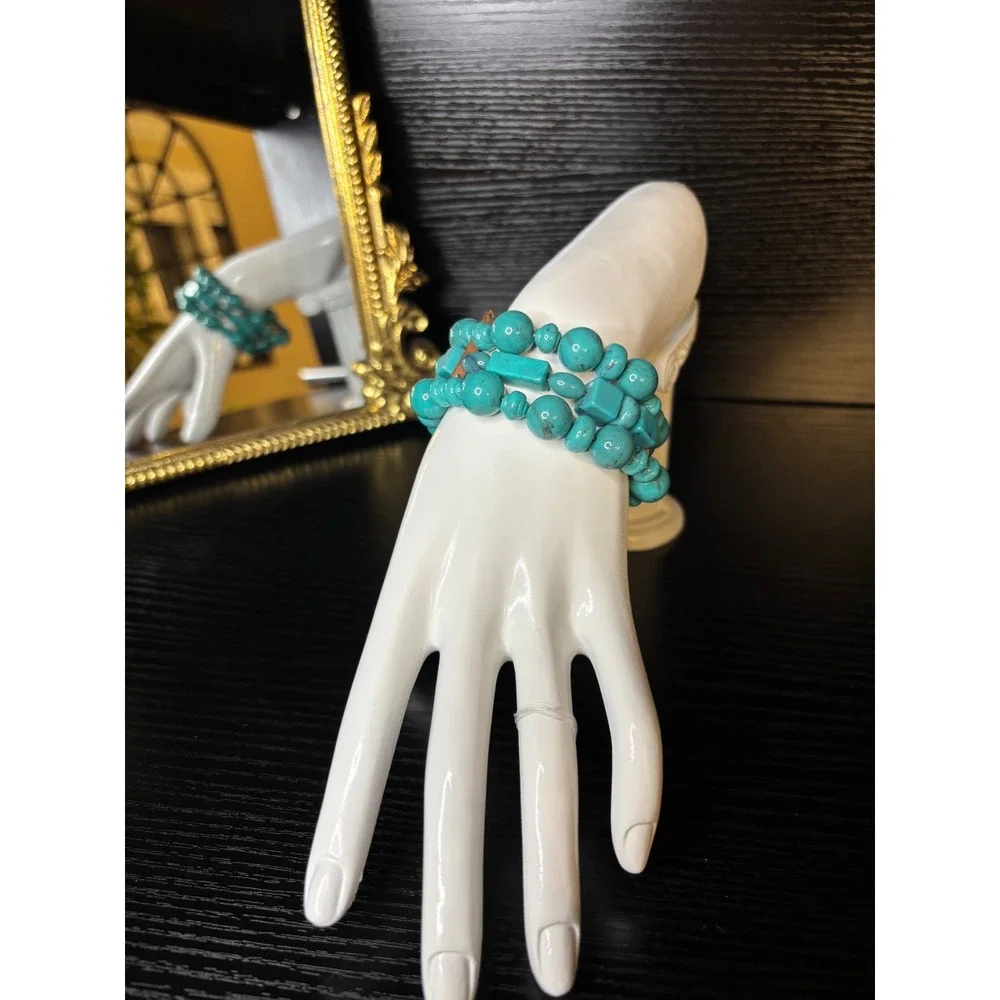 Turquoise Blue Multi Strand Beaded Cuff Bracelet Statement Boho Southwestern